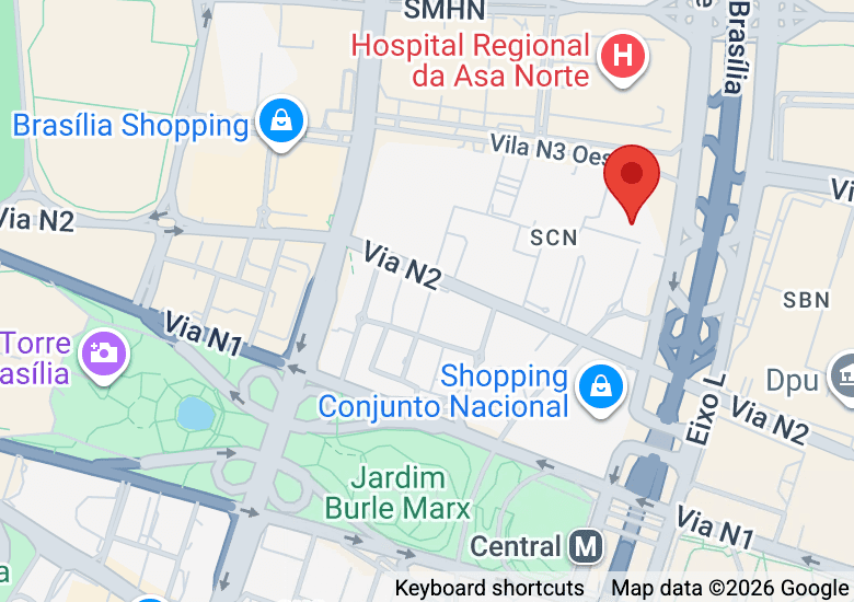 Mapa da localização do consultório na Asa Norte, próximo ao Brasília Shopping e ao Shopping Conjunto Nacional